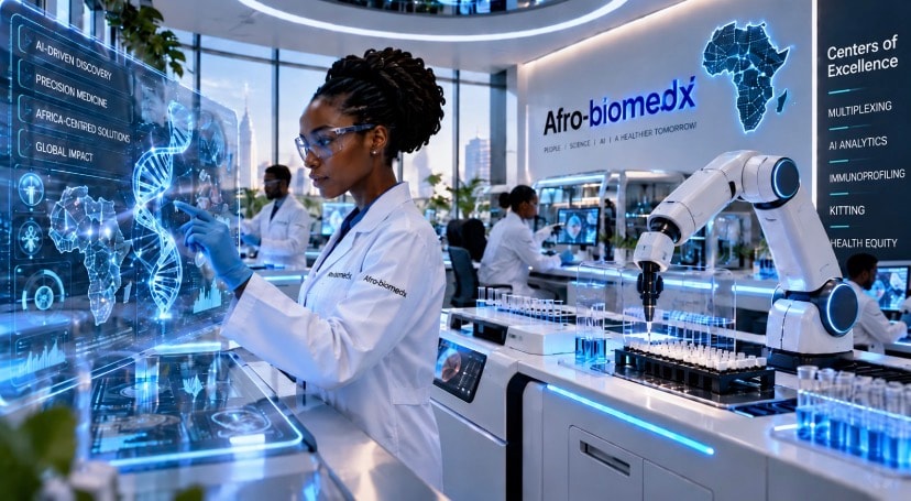 Afro-BioMeDx scientist working with a holographic genomics display beside a robotic sample-handling arm